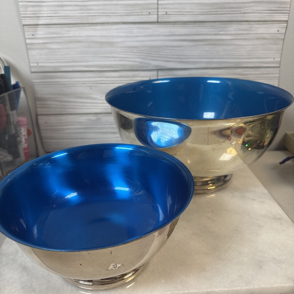 2 Vtg Reed & Barton Silver Plated Bowl  9" And 6.5"with Blue Enamel Interior